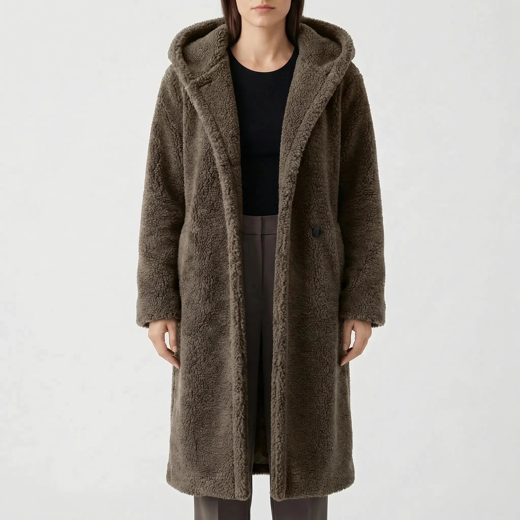 Cozy Teddy Coat for Women with Hooded Collar Long Sleeve Button Front Faux Fur Longline Style