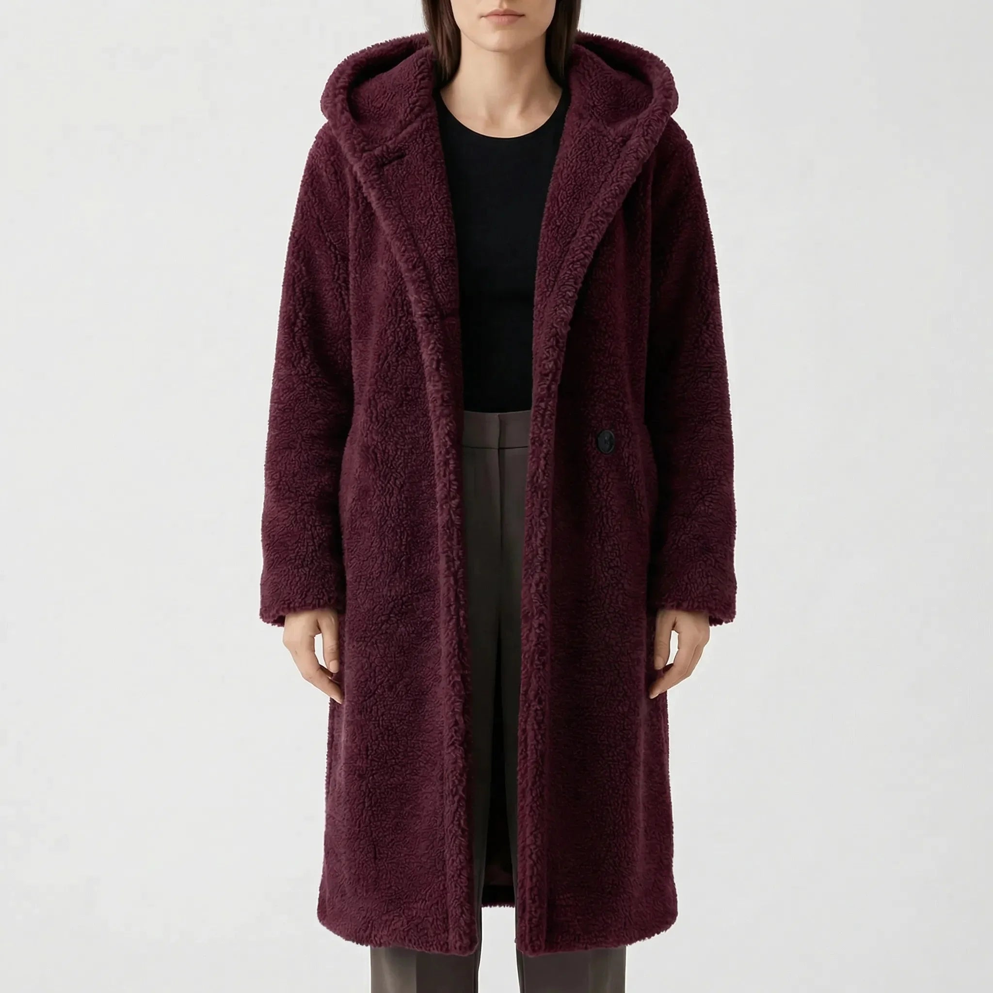 Cozy Teddy Coat for Women with Hooded Collar Long Sleeve Button Front Faux Fur Longline Style