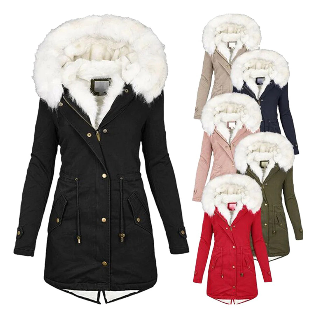 Warm Faux Fur Coat for Women with Fur Trim Hood Long Sleeve Sherpa Lined Parka Style