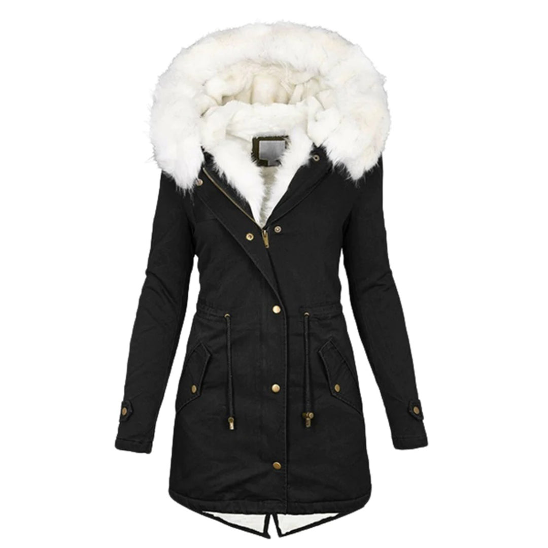 Warm Faux Fur Coat for Women with Fur Trim Hood Long Sleeve Sherpa Lined Parka Style