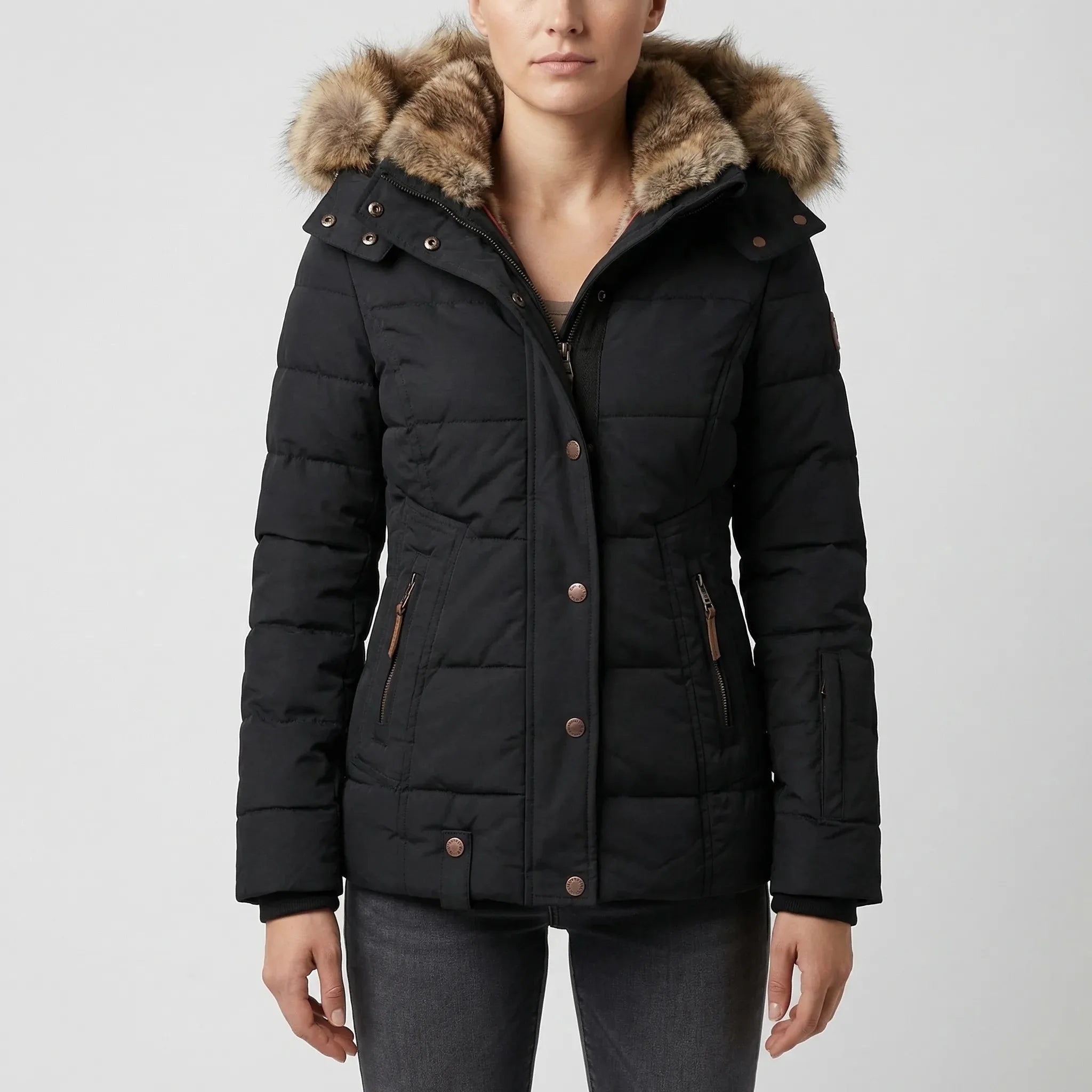 Cozy Puffer Jacket for Women with Faux Fur Hood Long Sleeve Zip Up Drawstring Quilted Style
