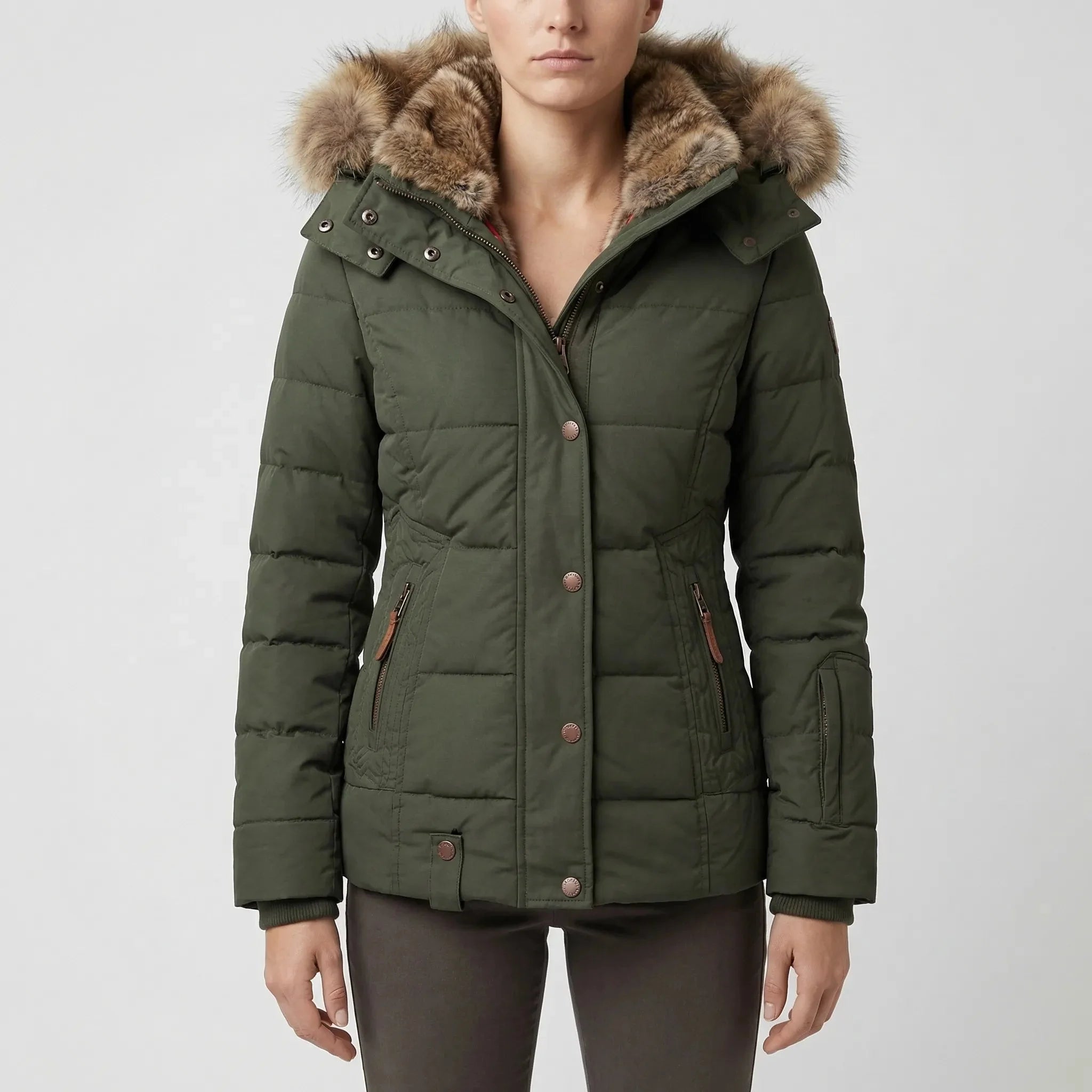 Cozy Puffer Jacket for Women with Faux Fur Hood Long Sleeve Zip Up Drawstring Quilted Style