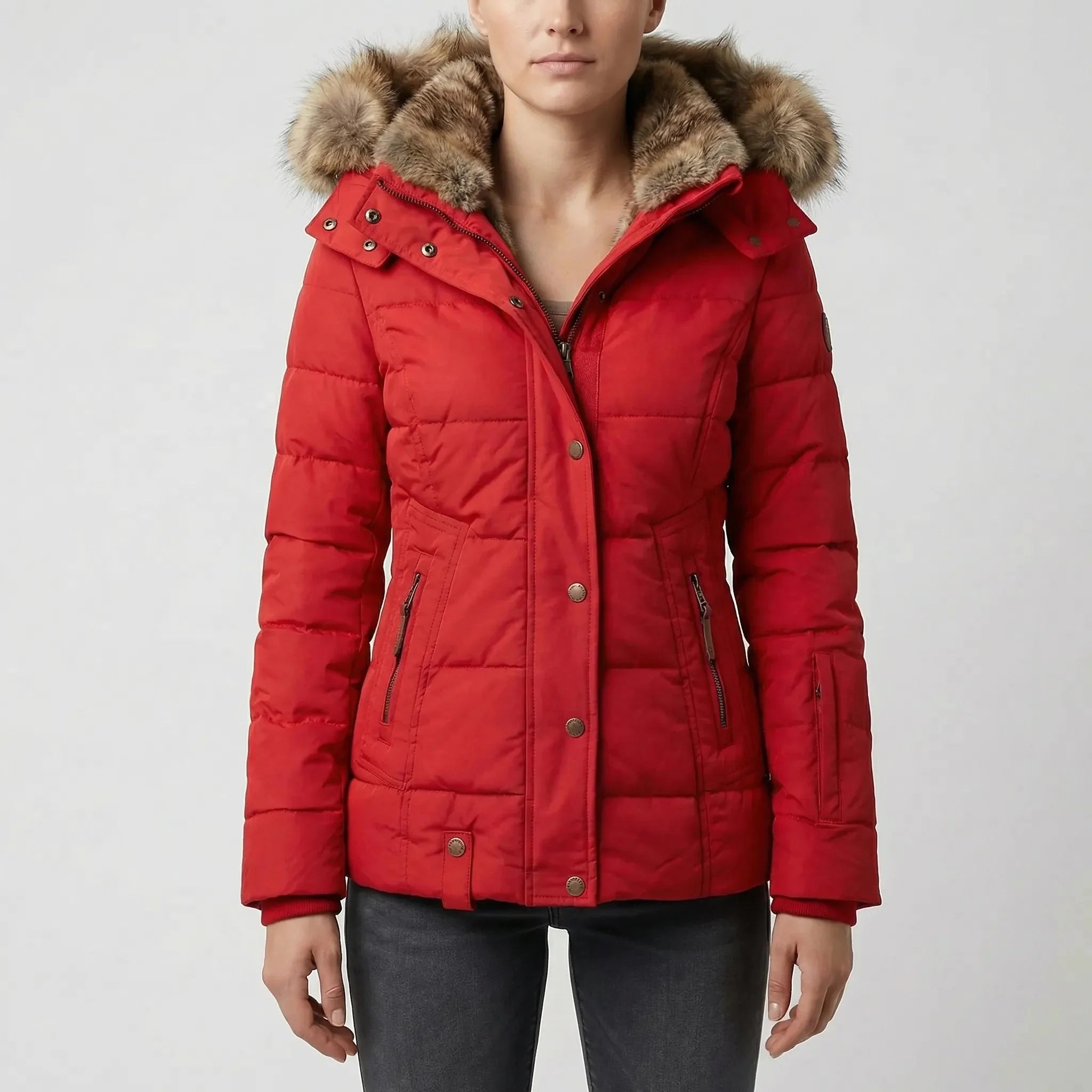 Cozy Puffer Jacket for Women with Faux Fur Hood Long Sleeve Zip Up Drawstring Quilted Style