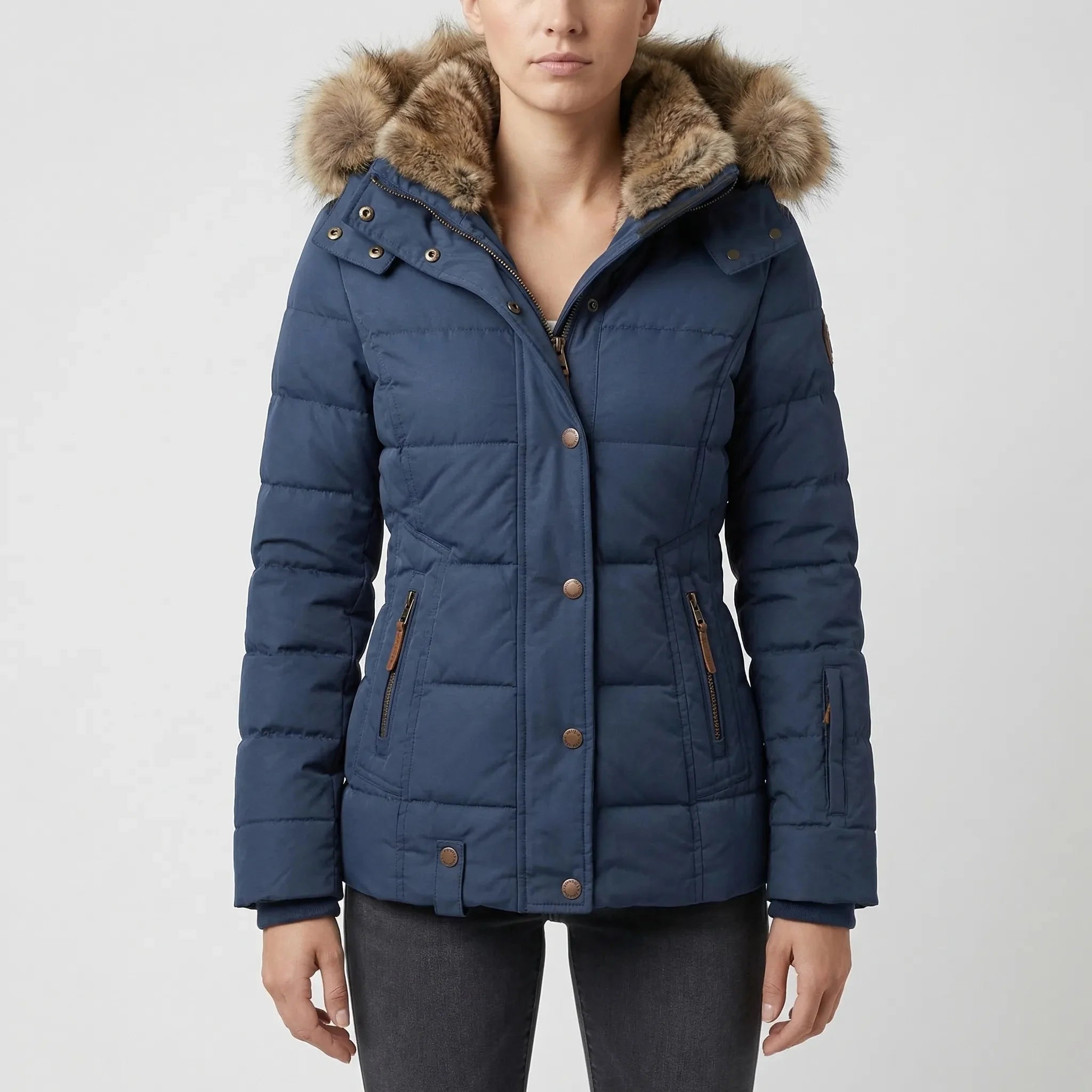 Cozy Puffer Jacket for Women with Faux Fur Hood Long Sleeve Zip Up Drawstring Quilted Style