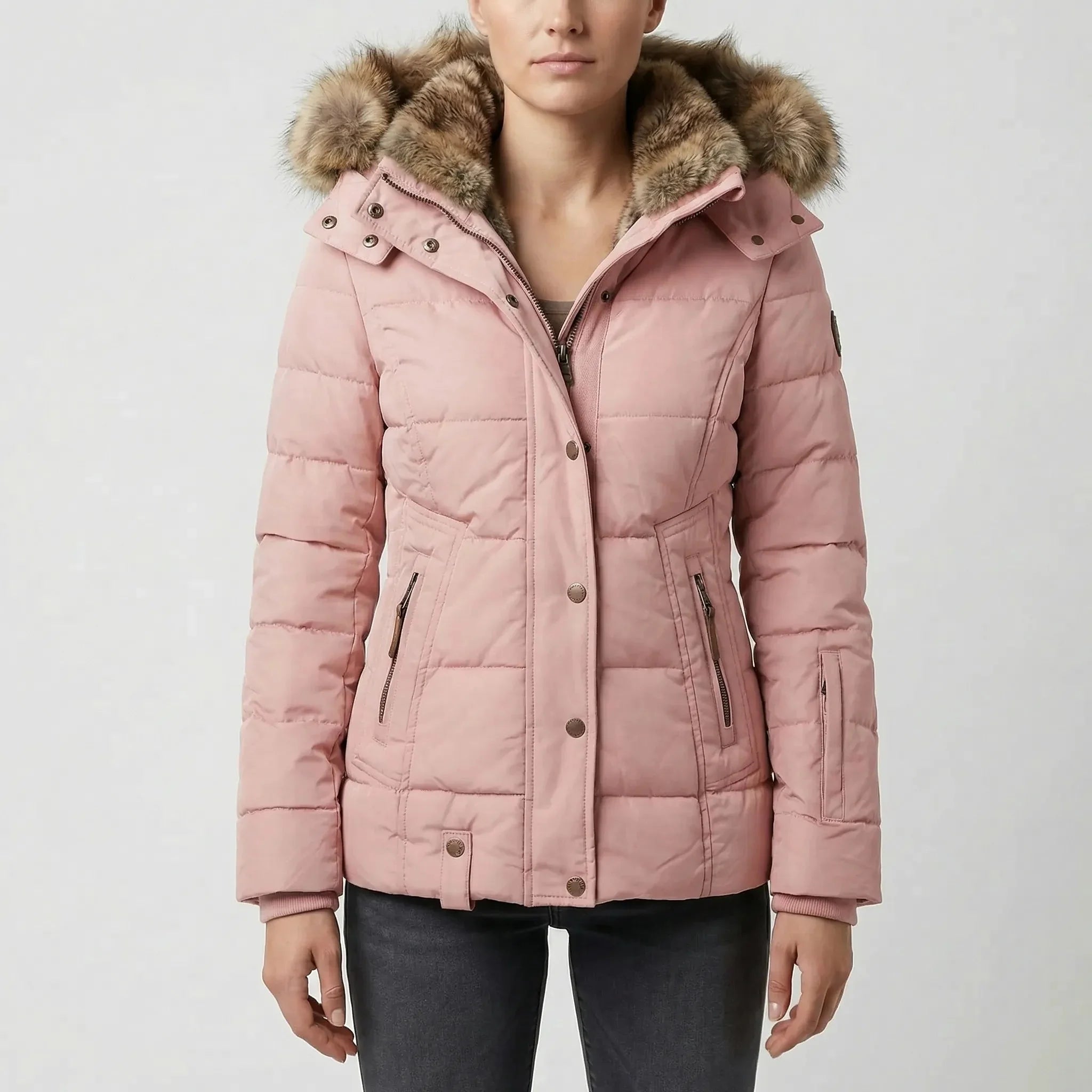 Cozy Puffer Jacket for Women with Faux Fur Hood Long Sleeve Zip Up Drawstring Quilted Style