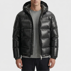 Cozy Black Puffer Jacket for Men with Hooded Collar Long Sleeve Zip Up Glossy Quilted Style