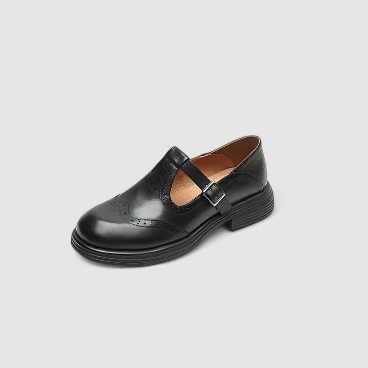 Comfortable Leather Mary Jane Shoes for Women with Round Toe T Strap Brogue Non Slip Flat Style