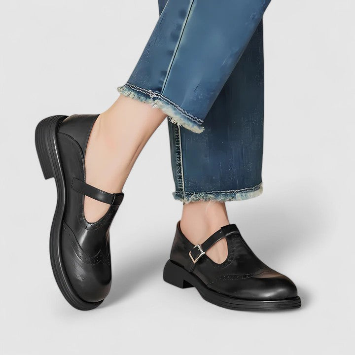 Comfortable Leather Mary Jane Shoes for Women with Round Toe T Strap Brogue Non Slip Flat Style