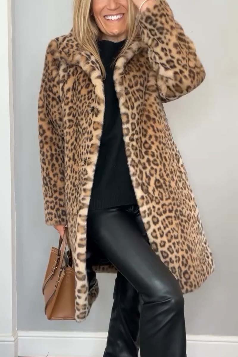 Cozy Leopard Print Faux Fur Winter Coat for Women with Notched Lapel Long Sleeve Longline Oversized Style