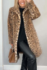 Cozy Leopard Print Faux Fur Winter Coat for Women with Notched Lapel Long Sleeve Longline Oversized Style