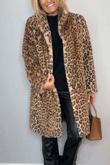 Cozy Leopard Print Faux Fur Winter Coat for Women with Notched Lapel Long Sleeve Longline Oversized Style