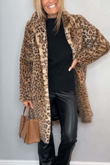 Cozy Leopard Print Faux Fur Winter Coat for Women with Notched Lapel Long Sleeve Longline Oversized Style