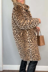 Cozy Leopard Print Faux Fur Winter Coat for Women with Notched Lapel Long Sleeve Longline Oversized Style