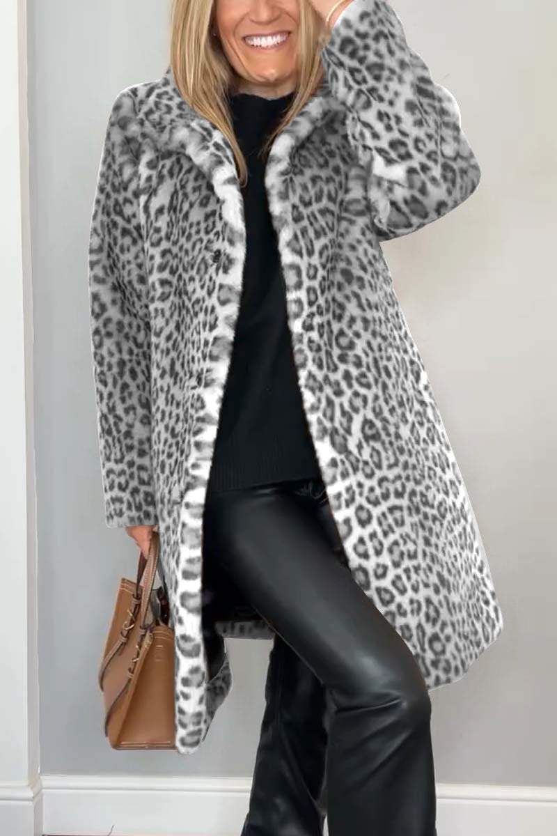 Cozy Leopard Print Faux Fur Winter Coat for Women with Notched Lapel Long Sleeve Longline Oversized Style