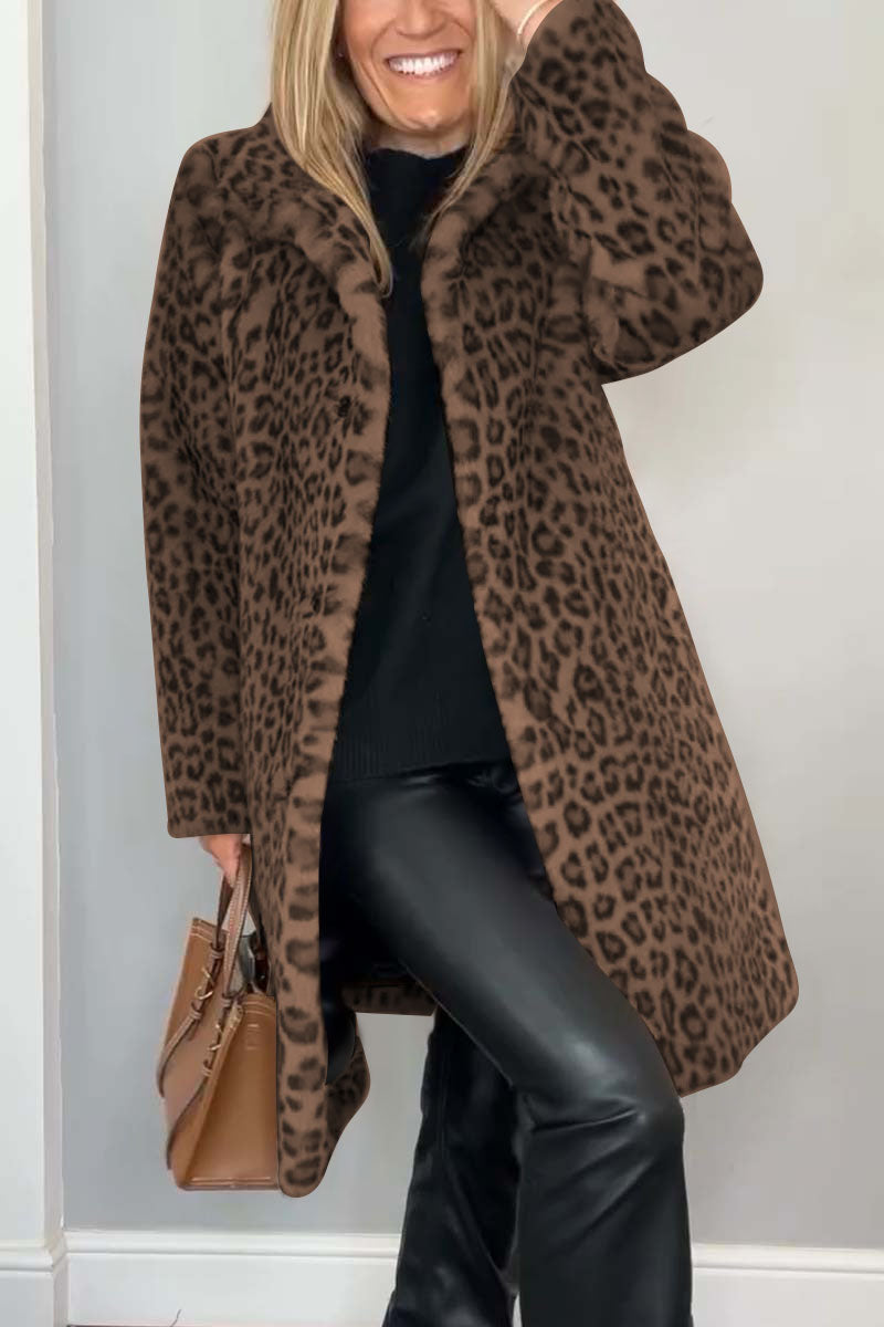 Cozy Leopard Print Faux Fur Winter Coat for Women with Notched Lapel Long Sleeve Longline Oversized Style