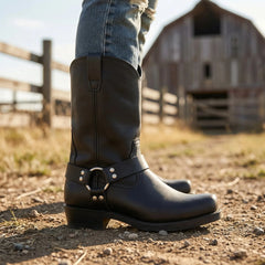 Stylish Western Boots for Women with Square Toe Harness Ring Block Heel Mid Calf Cowboy Style