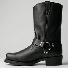 Stylish Western Boots for Women with Square Toe Harness Ring Block Heel Mid Calf Cowboy Style