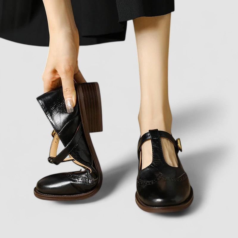 Chic Leather T-Strap Brogue Mary Jane Flats for Women with Buckle Round Toe Low Block Heel Style