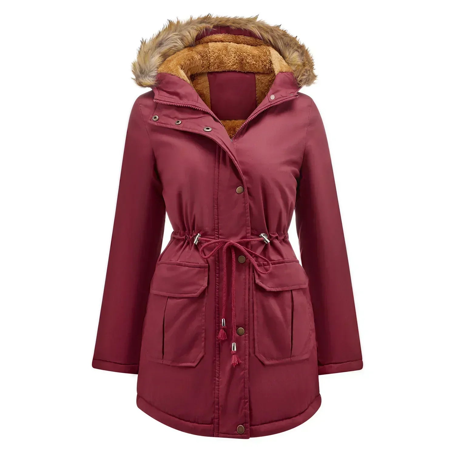 Cozy Faux Fur Coat for Women with Hooded Fleece Lined Long Sleeve Drawstring Parka Style