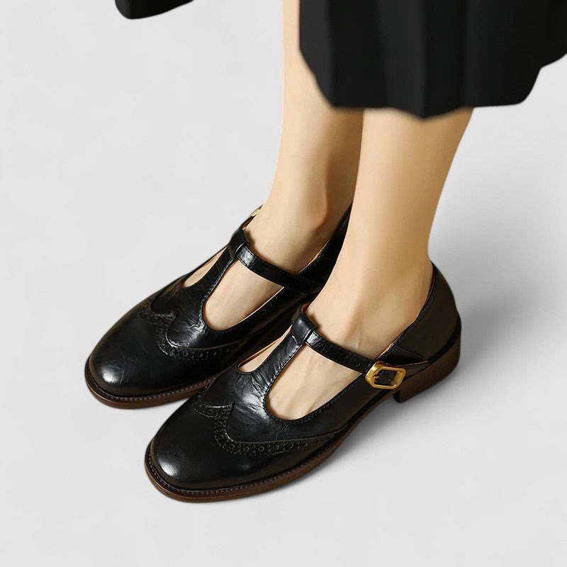 Chic Leather T-Strap Brogue Mary Jane Flats for Women with Buckle Round Toe Low Block Heel Style