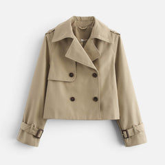 Elegant Cropped Trench Jacket for Women with Notch Lapel Long Sleeve Double Breasted Belted Cuff Style