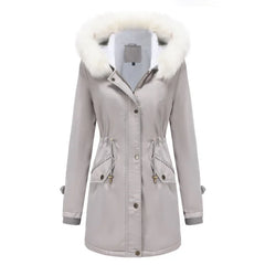 Cozy Faux Fur Trim Parka Jacket for Women with Hooded Long Sleeve Drawstring Waist Relaxed Style