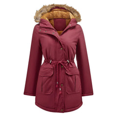 Cozy Faux Fur Coat for Women with Hooded Fleece Lined Long Sleeve Drawstring Parka Style