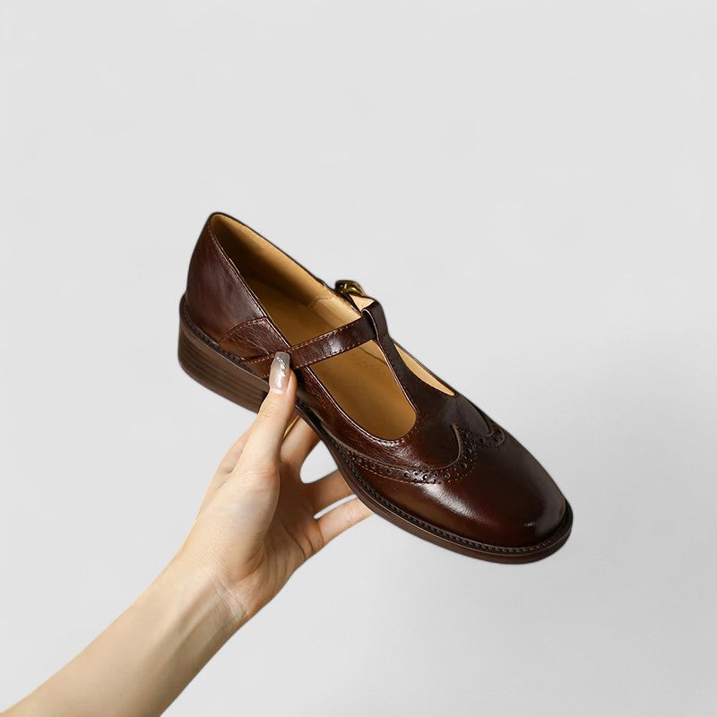 Chic Leather T-Strap Brogue Mary Jane Flats for Women with Buckle Round Toe Low Block Heel Style