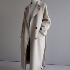 Cozy Wool Trench Coat for Women with Notched Lapel Long Sleeve Tie Belt Oversized Style