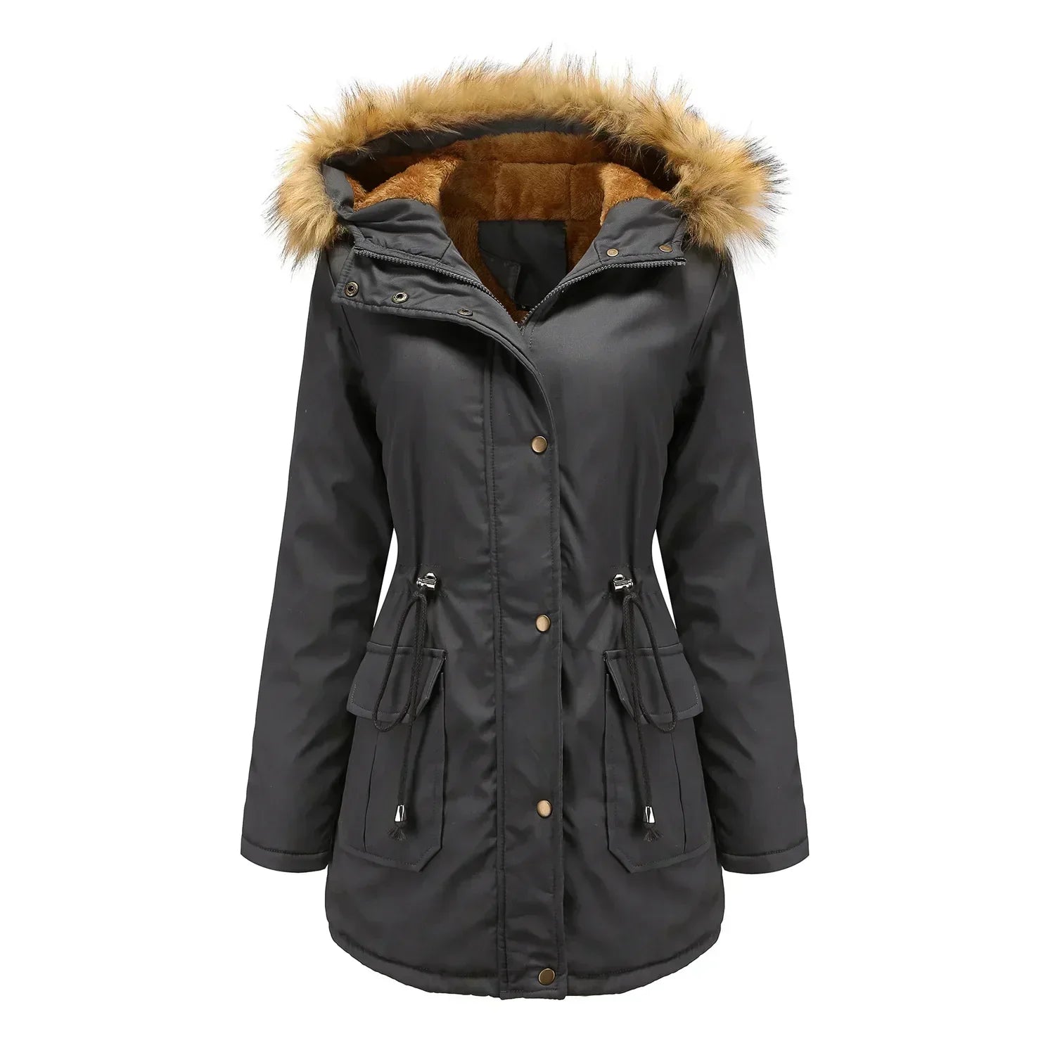 Cozy Faux Fur Coat for Women with Hooded Fleece Lined Long Sleeve Drawstring Parka Style