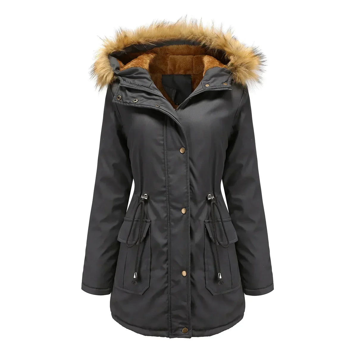 Cozy Faux Fur Coat for Women with Hooded Fleece Lined Long Sleeve Drawstring Parka Style