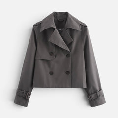 Elegant Cropped Trench Jacket for Women with Notch Lapel Long Sleeve Double Breasted Belted Cuff Style