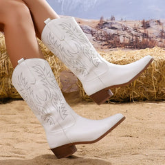 Stylish White Boots for Women with Western Embroidered Block Heel Style