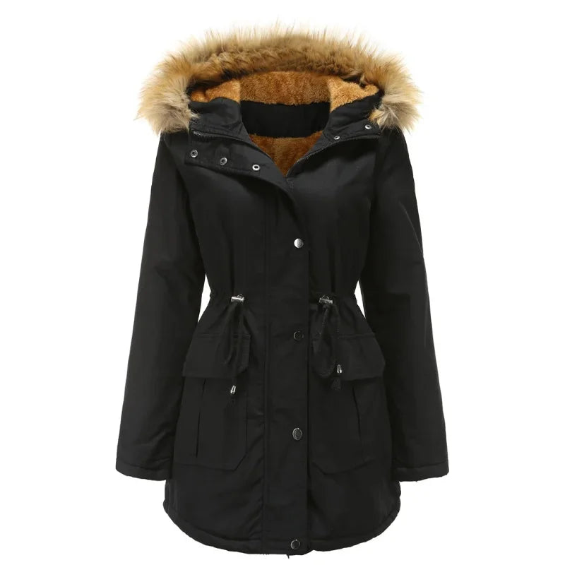 Cozy Faux Fur Coat for Women with Hooded Fleece Lined Long Sleeve Drawstring Parka Style