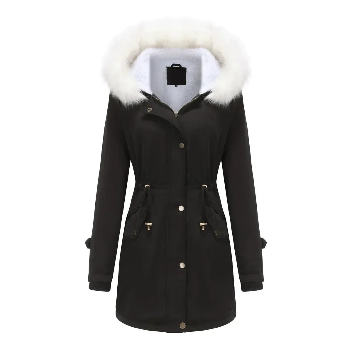 Cozy Faux Fur Trim Parka Jacket for Women with Hooded Long Sleeve Drawstring Waist Relaxed Style