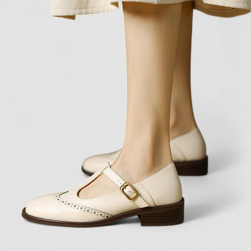 Chic Leather T-Strap Brogue Mary Jane Flats for Women with Buckle Round Toe Low Block Heel Style