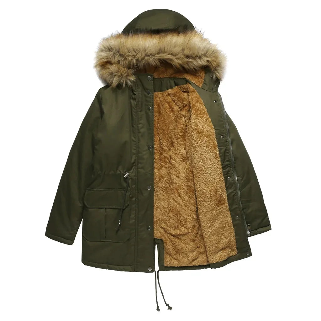 Cozy Faux Fur Coat for Women with Hooded Fleece Lined Long Sleeve Drawstring Parka Style