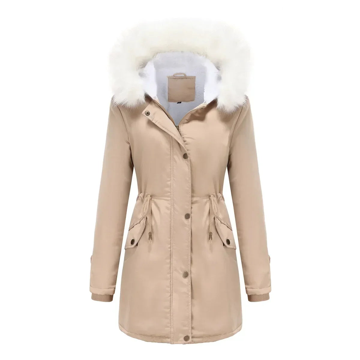 Cozy Faux Fur Trim Parka Jacket for Women with Hooded Long Sleeve Drawstring Waist Relaxed Style
