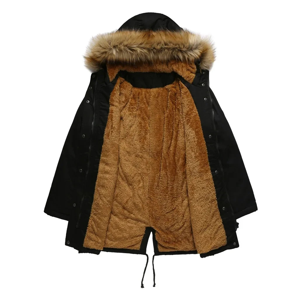 Cozy Faux Fur Coat for Women with Hooded Fleece Lined Long Sleeve Drawstring Parka Style