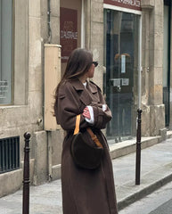 Cozy Brown Wool Winter Trench Coat for Women with Notched Lapel Long Sleeve Double Breasted Oversized Style