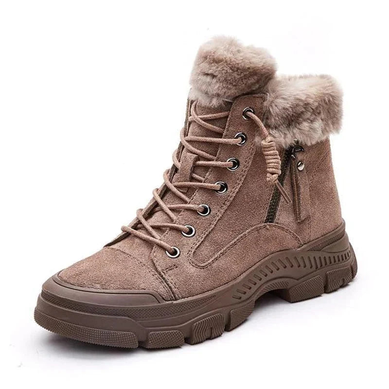 Women's Leather Fur-Lined Ankle Winter Snow Boots Lace-Up Side Zip Chunky Lug Sole