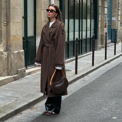 Cozy Brown Wool Winter Trench Coat for Women with Notched Lapel Long Sleeve Double Breasted Oversized Style