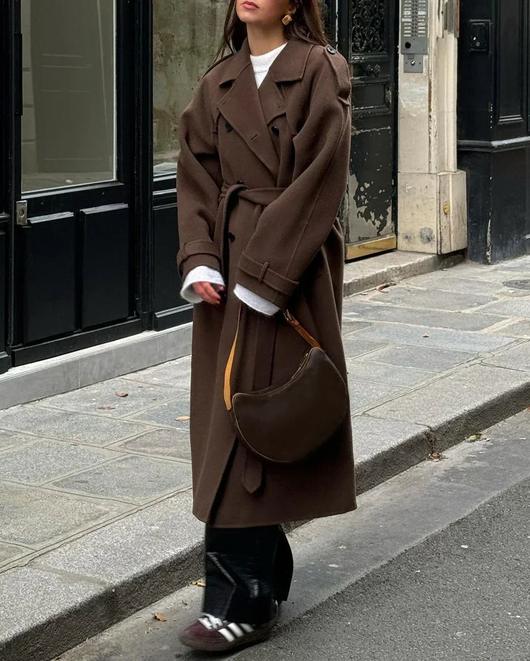 Cozy Brown Wool Winter Trench Coat for Women with Notched Lapel Long Sleeve Double Breasted Oversized Style