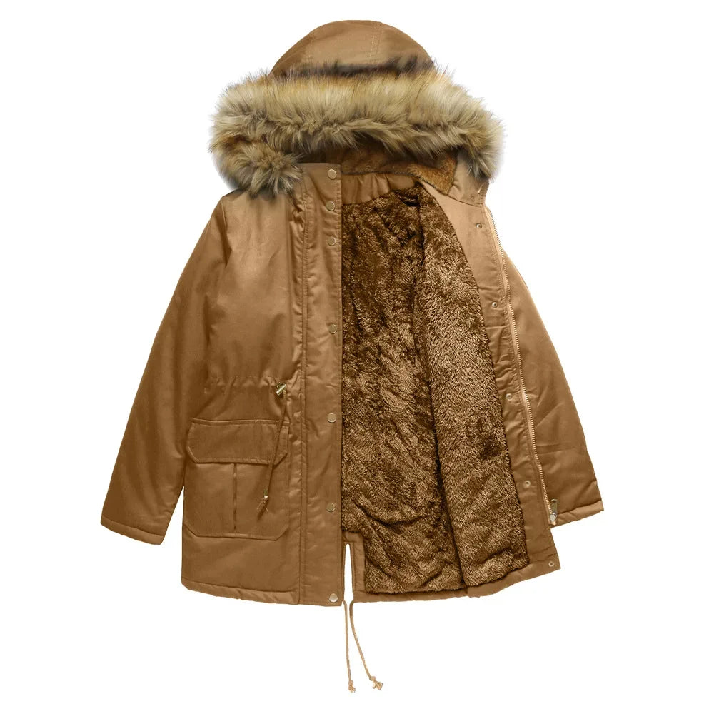 Cozy Faux Fur Coat for Women with Hooded Fleece Lined Long Sleeve Drawstring Parka Style