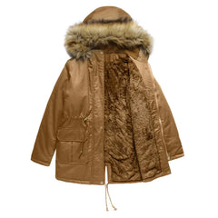 Cozy Faux Fur Coat for Women with Hooded Fleece Lined Long Sleeve Drawstring Parka Style