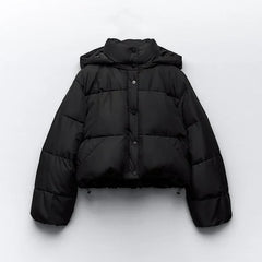 Cozy Black Puffer Jacket for Women with Hooded Collar Long Sleeve Snap Front Cropped Style