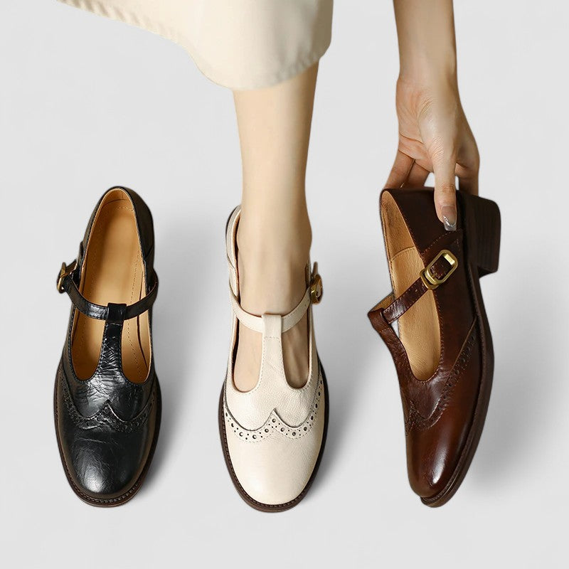 Chic Leather T-Strap Brogue Mary Jane Flats for Women with Buckle Round Toe Low Block Heel Style