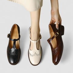 Chic Leather T-Strap Brogue Mary Jane Flats for Women with Buckle Round Toe Low Block Heel Style