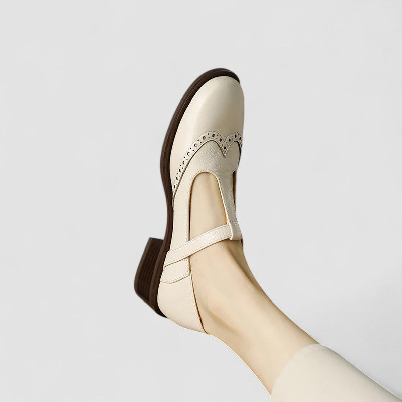Chic Leather T-Strap Brogue Mary Jane Flats for Women with Buckle Round Toe Low Block Heel Style