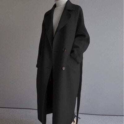 Cozy Wool Trench Coat for Women with Notched Lapel Long Sleeve Tie Belt Oversized Style